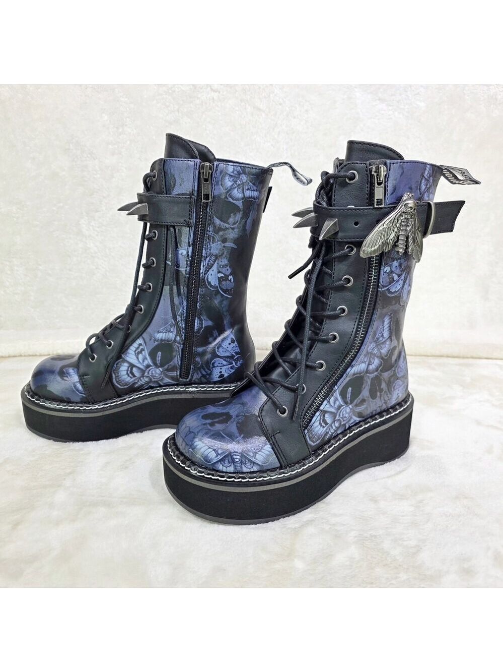 NIB NEW DEMONIA Emily Death Moth Skull Graphic Platform Goth Punk Mid Calf Boots - Picture 4 of 16